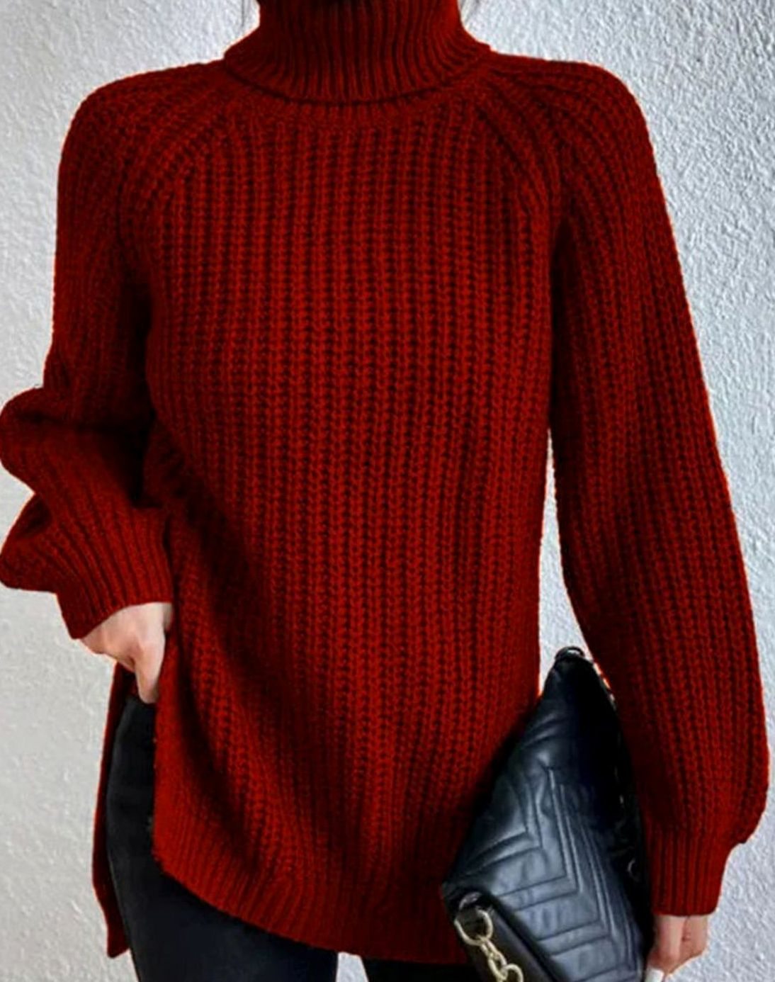 Damski Sweter Golf Z Prążkowanej Dzianiny Luźny Krój